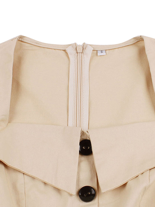 Classic Turn-Down Collar  A-Line Beige Knee Length Dress Detail View