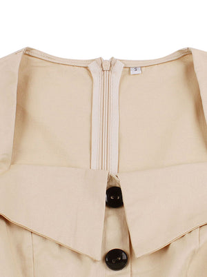 Classic Turn-Down Collar  A-Line Beige Knee Length Dress Detail View