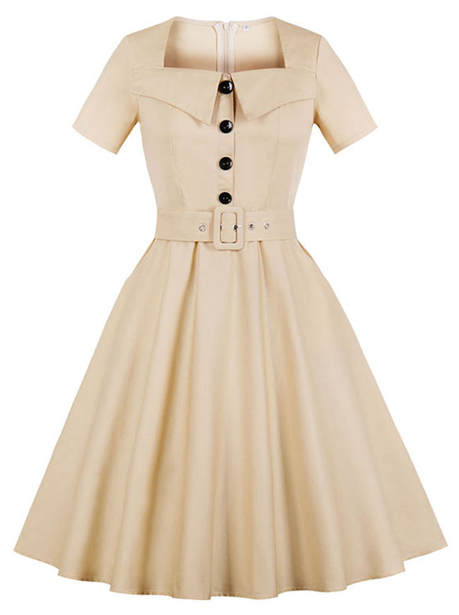 Casual Summer Short Sleeve Belted Vintage Cocktail Midi Dress Main View