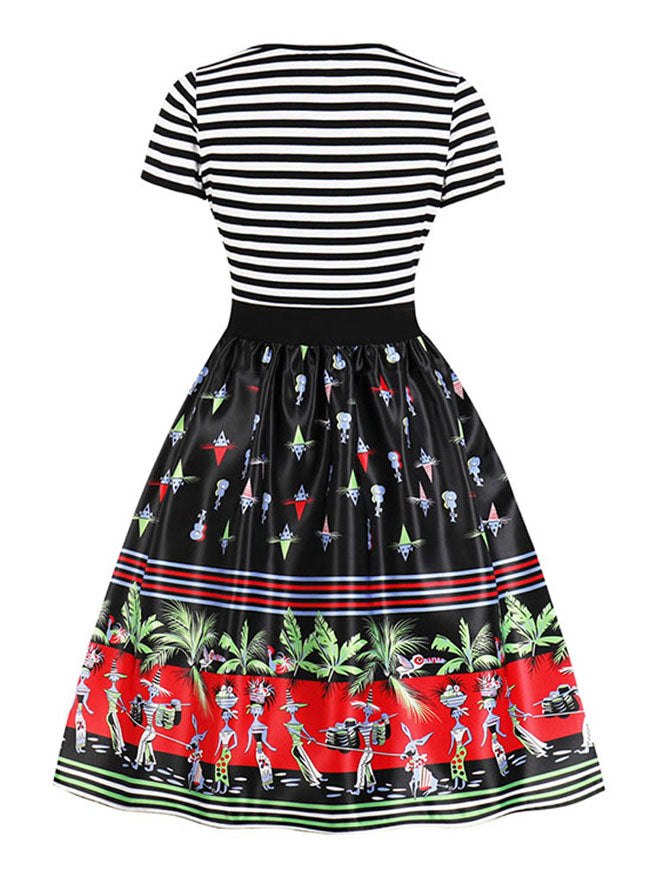 Women's Black Cap Sleeve Elegant Abstract Pattern Homecoming Party Midi Dress Back View