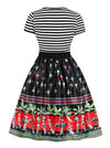 Women's Black Cap Sleeve Elegant Abstract Pattern Homecoming Party Midi Dress Back View