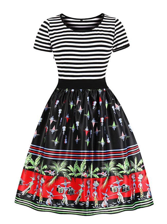Vintage Retro Round Neck Short Sleeve Stripe Swing Party Dress Main View