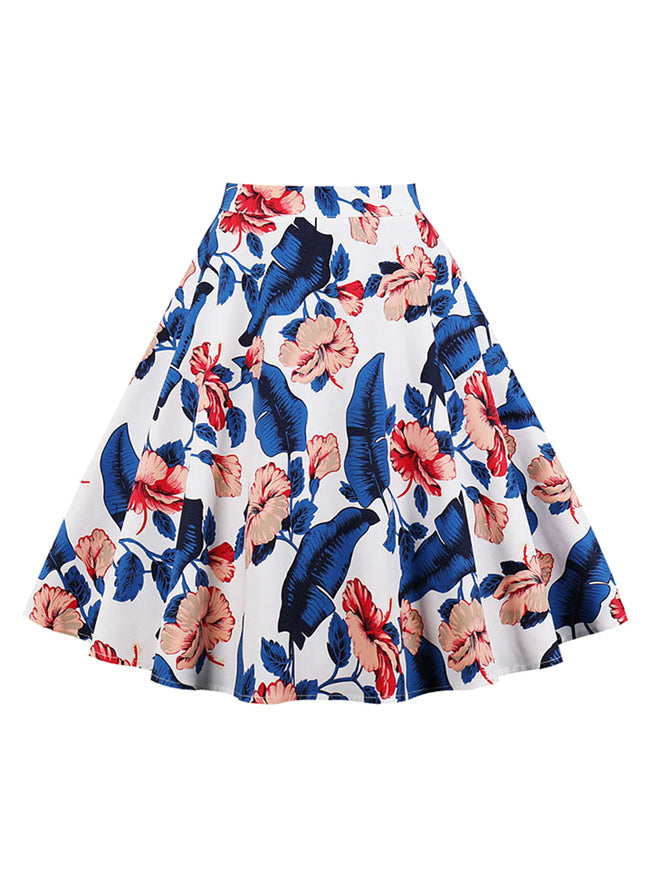 Red Floral A Line Knee Length White Cotton Skater Casual Skirts for Women Detail View